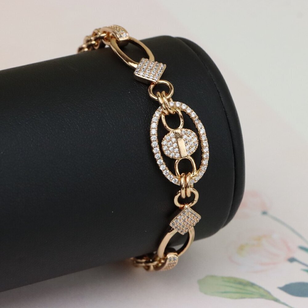 "Rose Gold Chain Bracelet with Oval Crystal Charm & Textured Links, XPBL0927